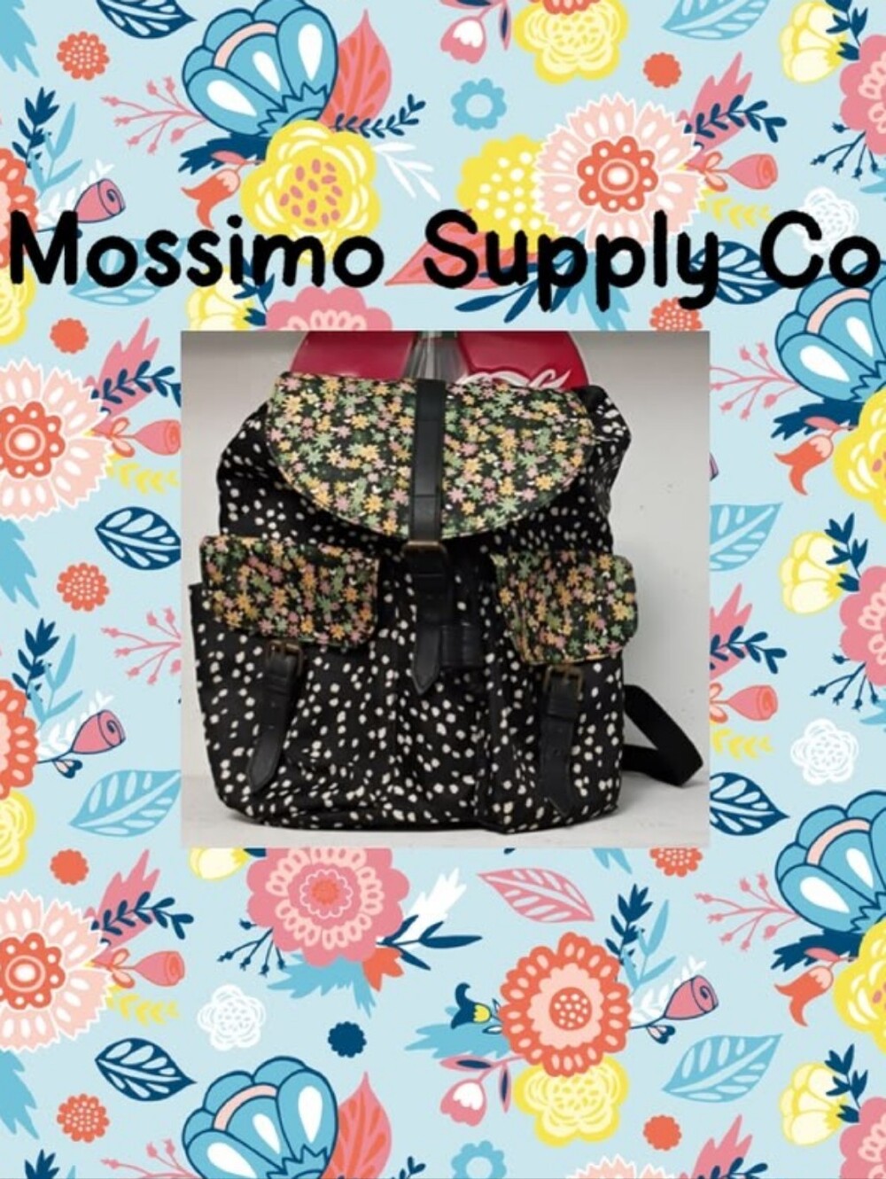 Black Floral Canvas Backpack with Colorful Ditsy Print